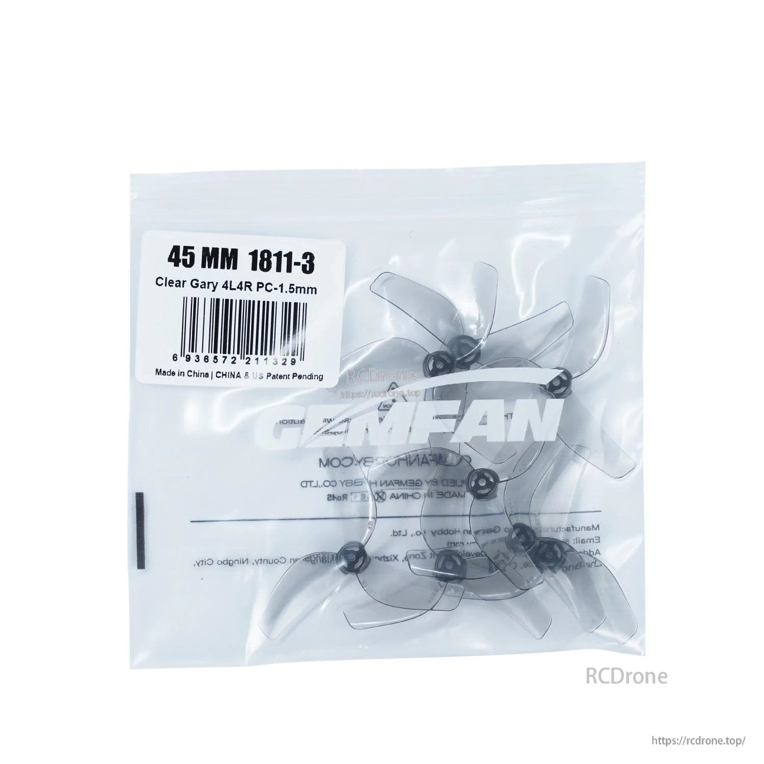Retail bag for 45mm 1811-3 propellers, Clear Gray 4L4R PC-1.5mm label shown