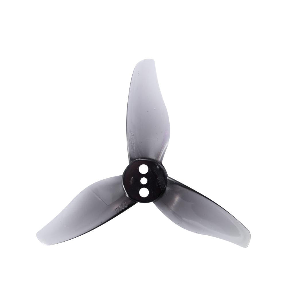 Smoke gray 3-blade toothpick propeller with black hub, top view showing 3-hole mount pattern
