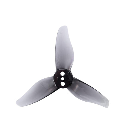 Smoke gray 3-blade toothpick propeller with black hub, top view showing 3-hole mount pattern