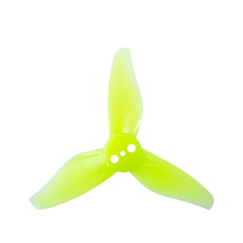 Translucent neon yellow 3-blade FPV toothpick propeller, top view with 3 mounting holes