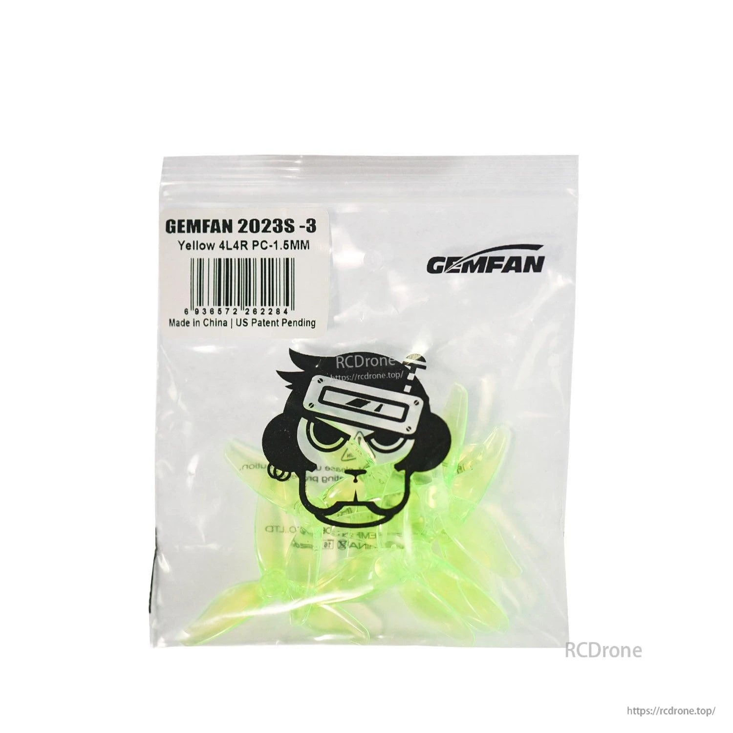 Gemfan 2023S-3 propellers in bag, label shows Yellow 4L4R PC-1.5MM