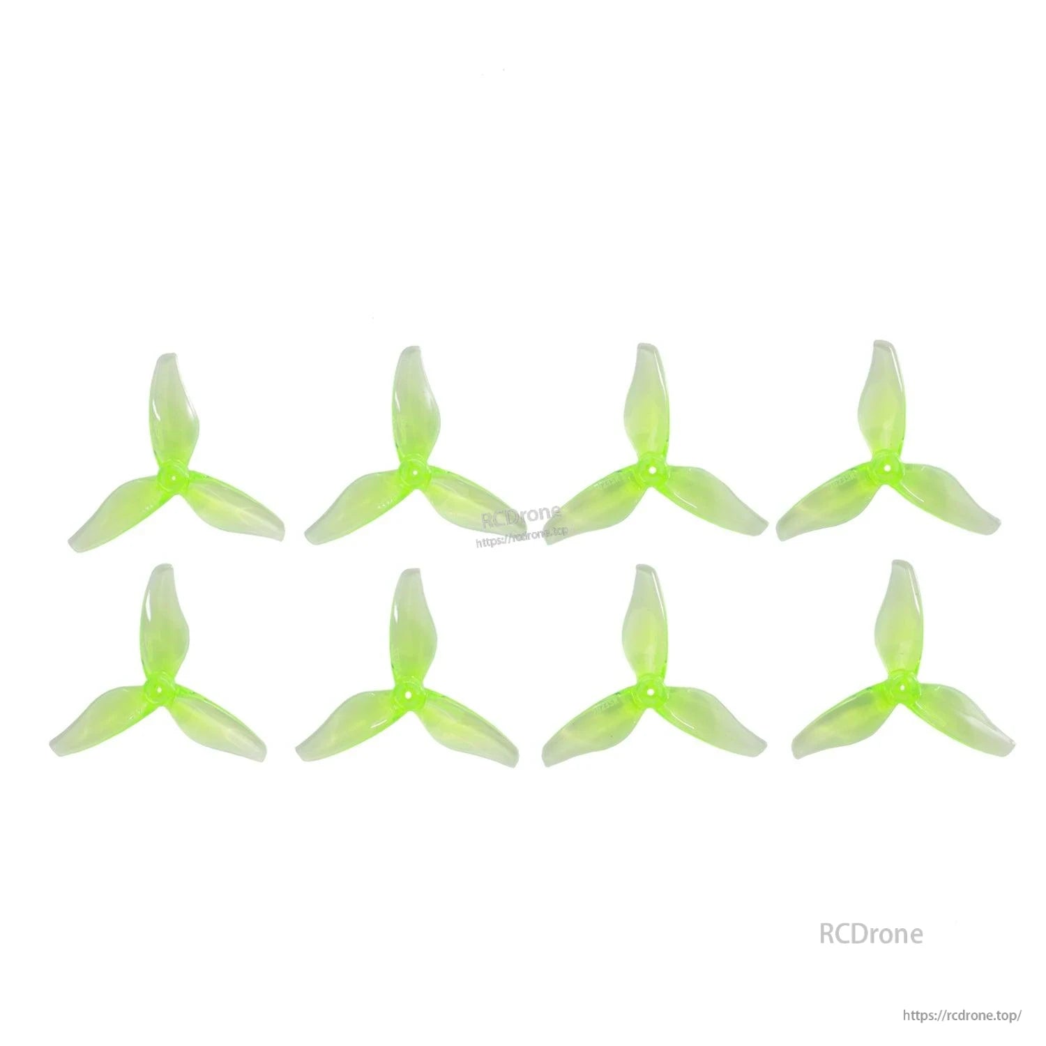 Eight translucent neon yellow-green 3-blade 2-inch drone propellers displayed on white