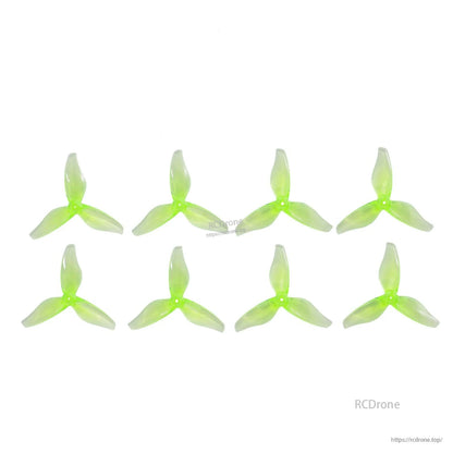 Eight translucent neon yellow-green 3-blade 2-inch drone propellers displayed on white