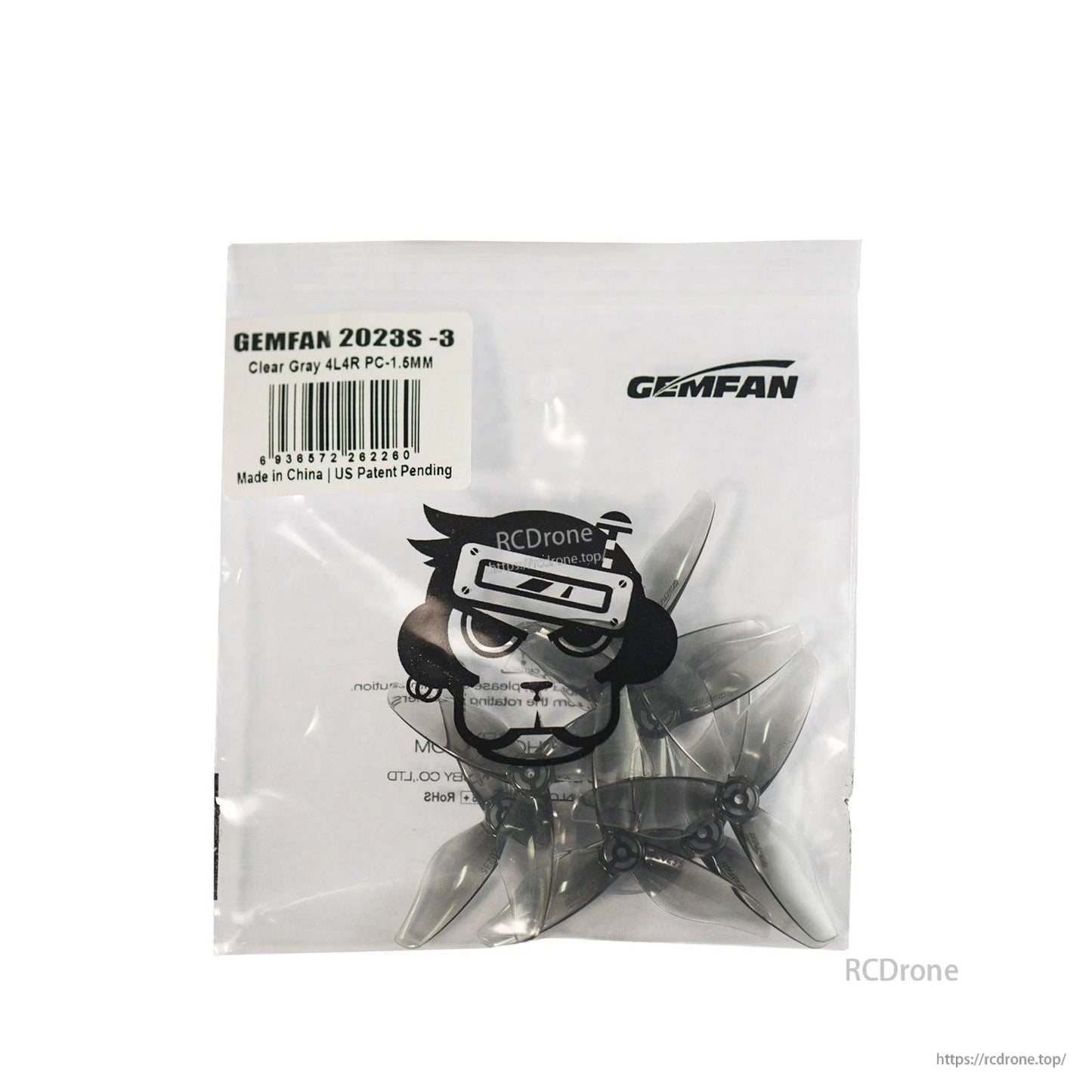 Gemfan 2023S-3 propellers in bag, label shows Clear Gray 4L4R PC-1.5MM