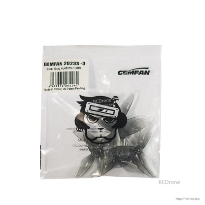 Gemfan 2023S-3 propellers in bag, label shows Clear Gray 4L4R PC-1.5MM