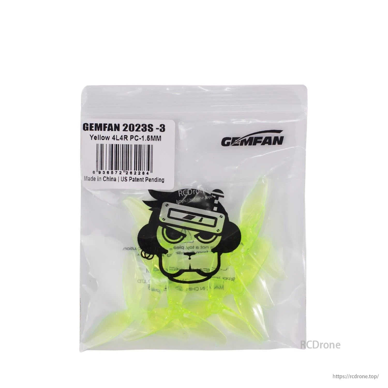Resealable bag of neon yellow 3-blade drone propellers with Gemfan branding, front view