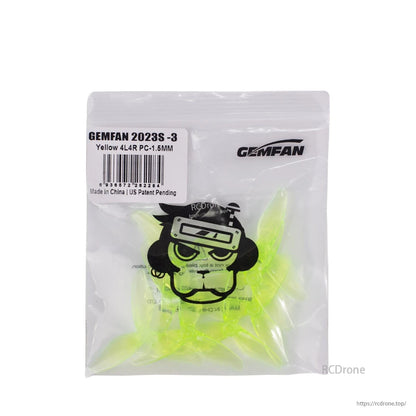 Resealable bag of neon yellow 3-blade drone propellers with Gemfan branding, front view