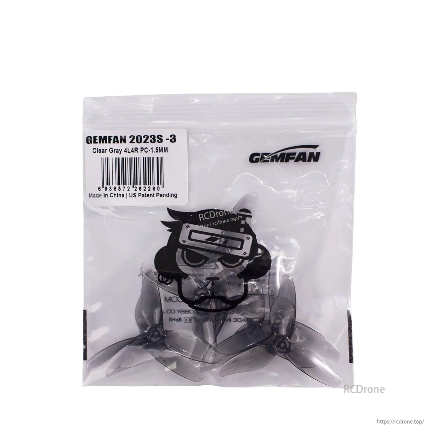 Gemfan 2023S-3 clear gray propellers in resealable bag with Gemfan logo and label