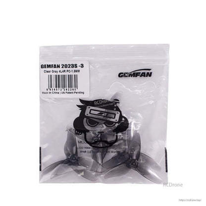 Gemfan 2023S-3 clear gray propellers in resealable bag with Gemfan logo and label