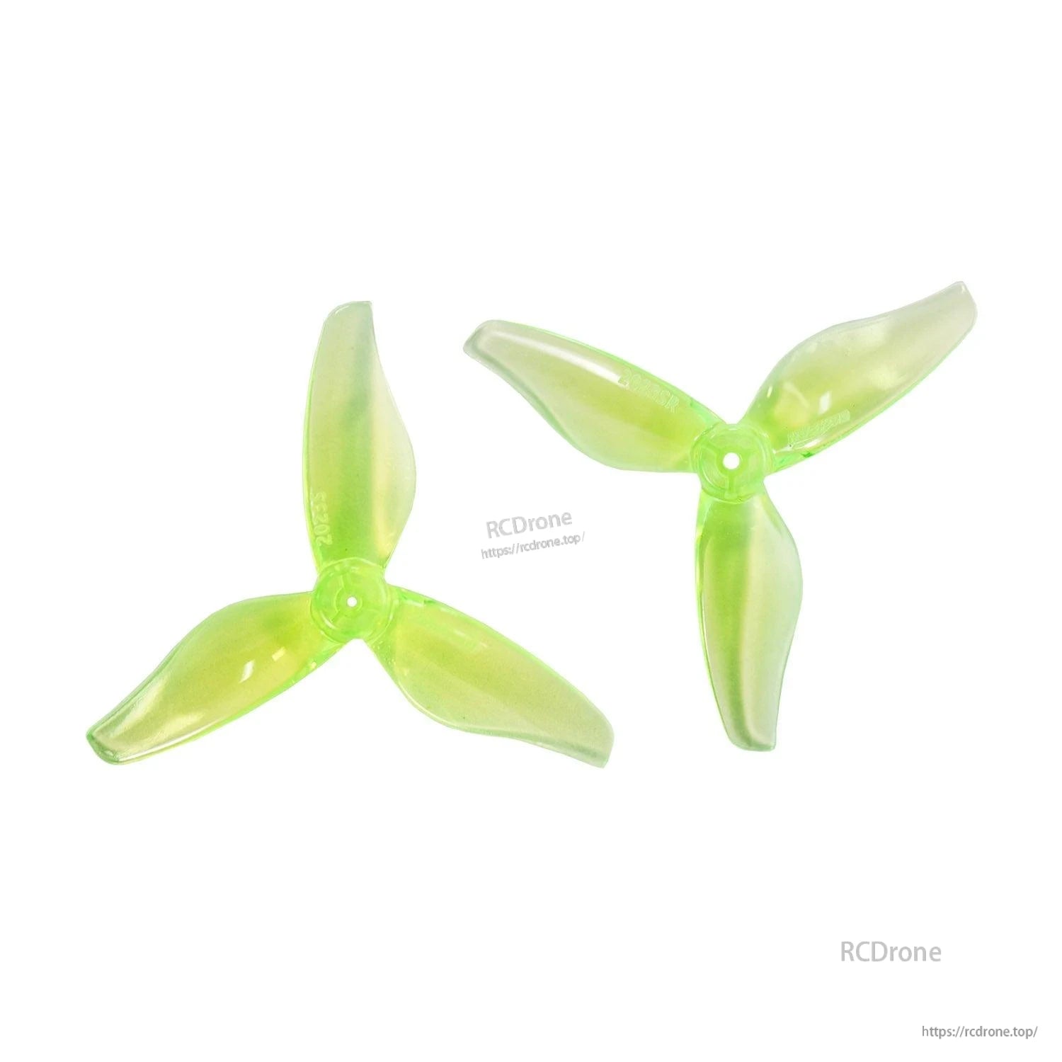 Pair of translucent neon yellow-green 3-blade 2-inch drone propellers, two-piece set