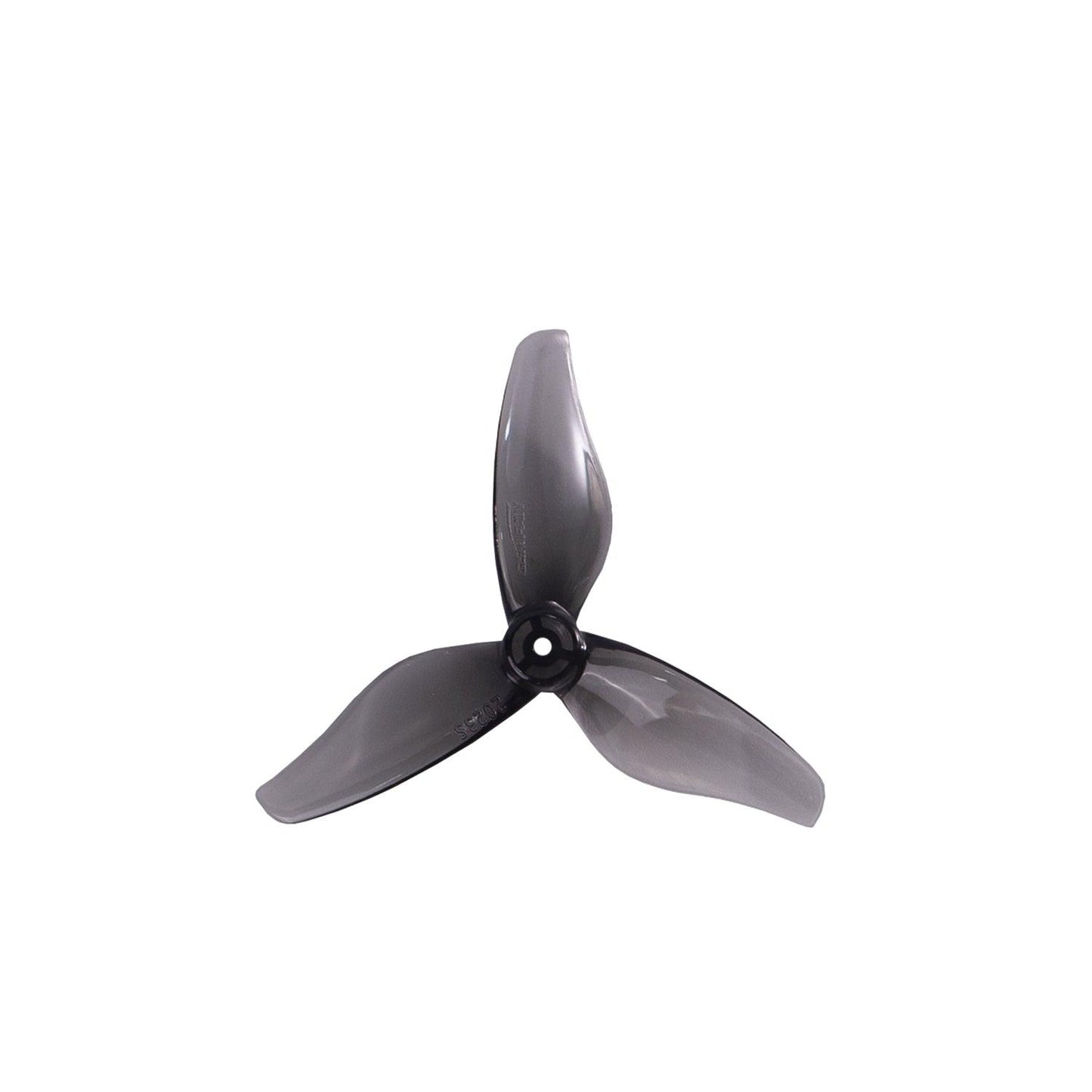 Translucent smoke gray 3-blade 2-inch FPV drone propeller, single prop top view