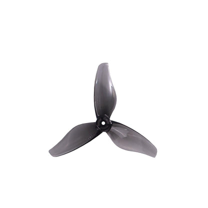 Translucent smoke gray 3-blade 2-inch FPV drone propeller, single prop top view
