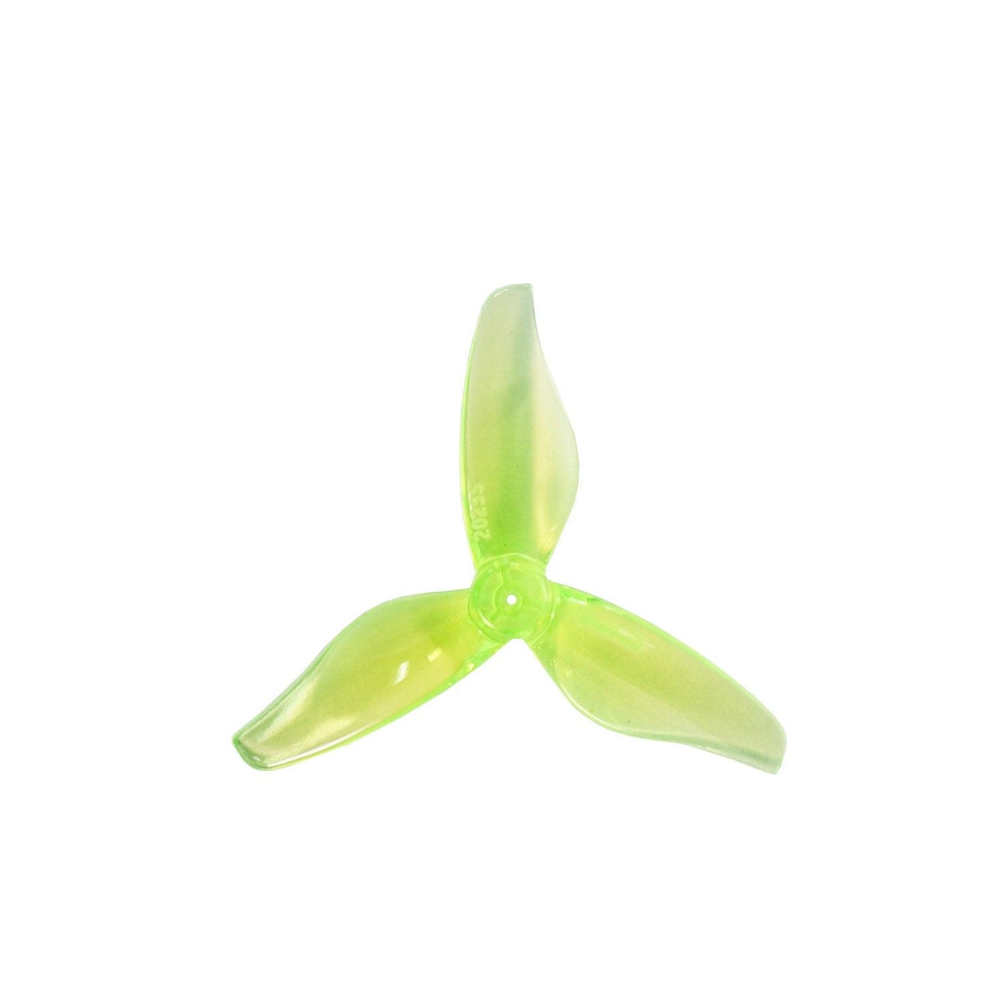 Translucent neon yellow-green 3-blade 2-inch FPV drone propeller, angled top view