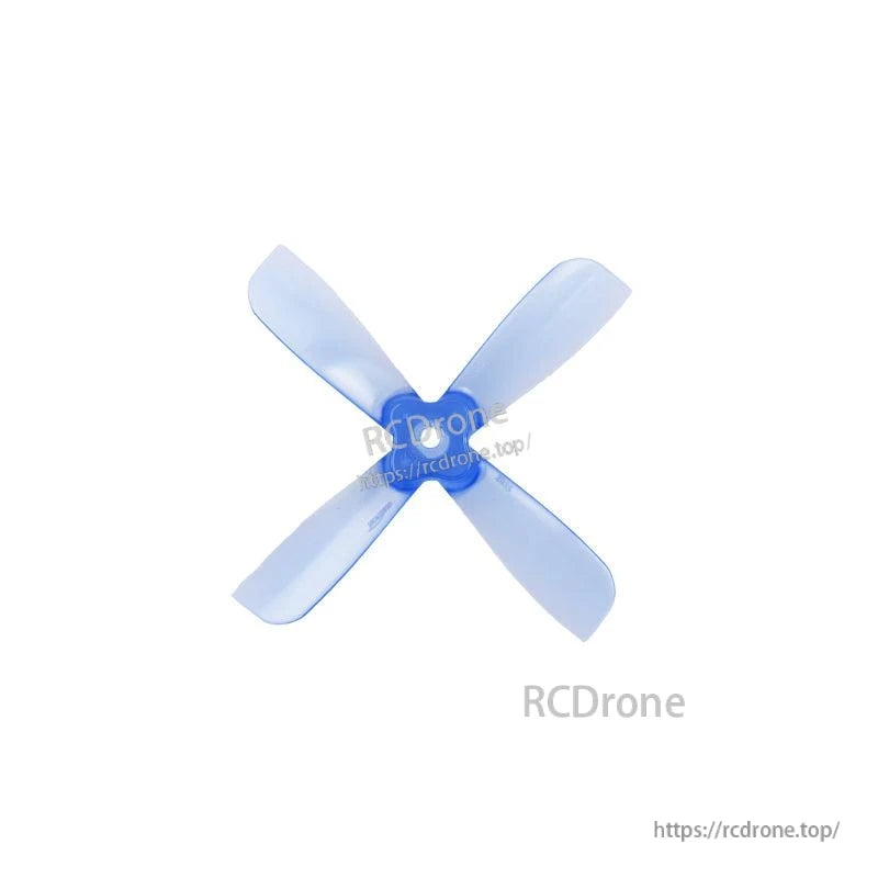 Light blue 4-blade propeller with blue hub, 3-hole mounting pattern visible