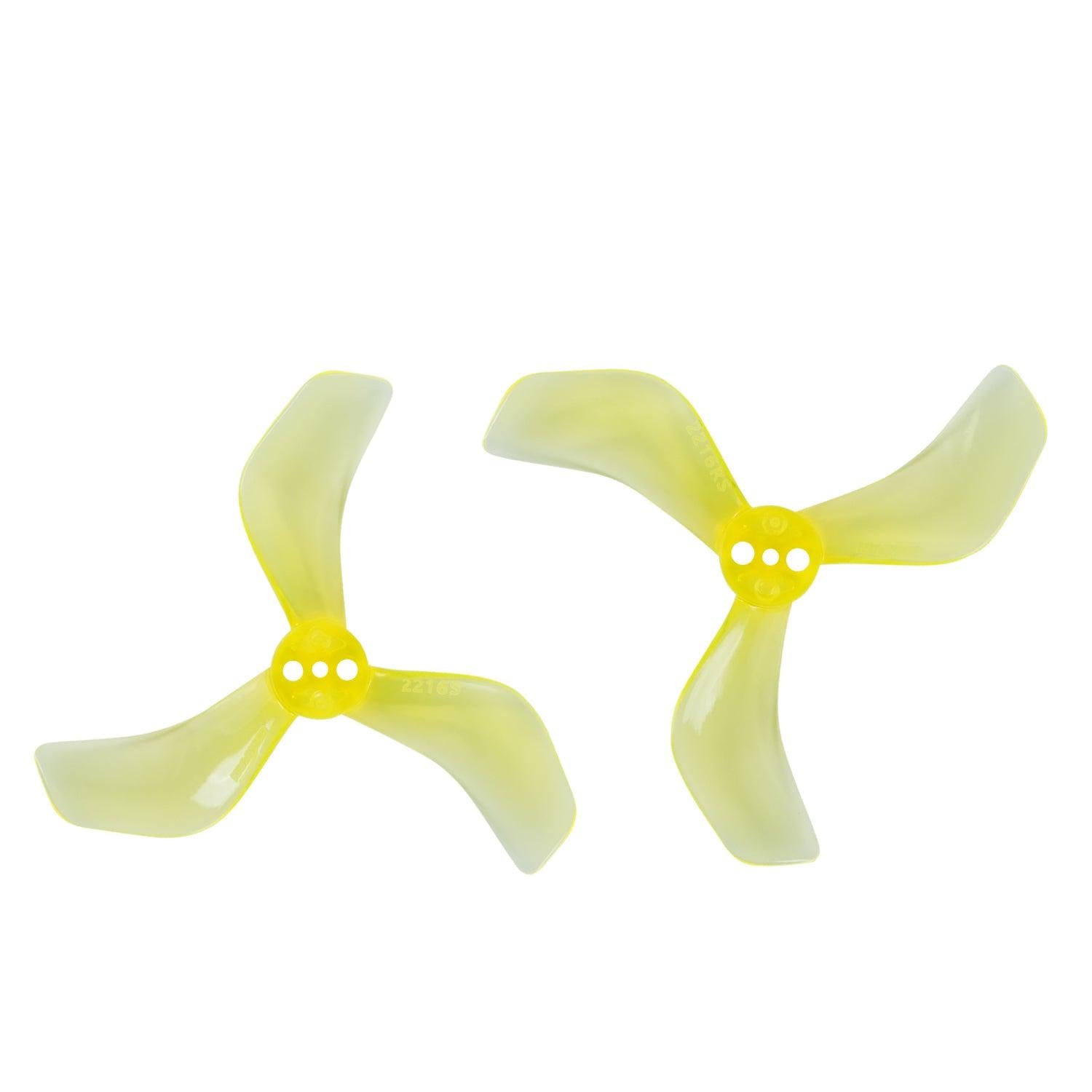 Gemfan 2216S-3 2.2in tri-blade propellers, clear yellow CW and CCW pair with 3-hole hub