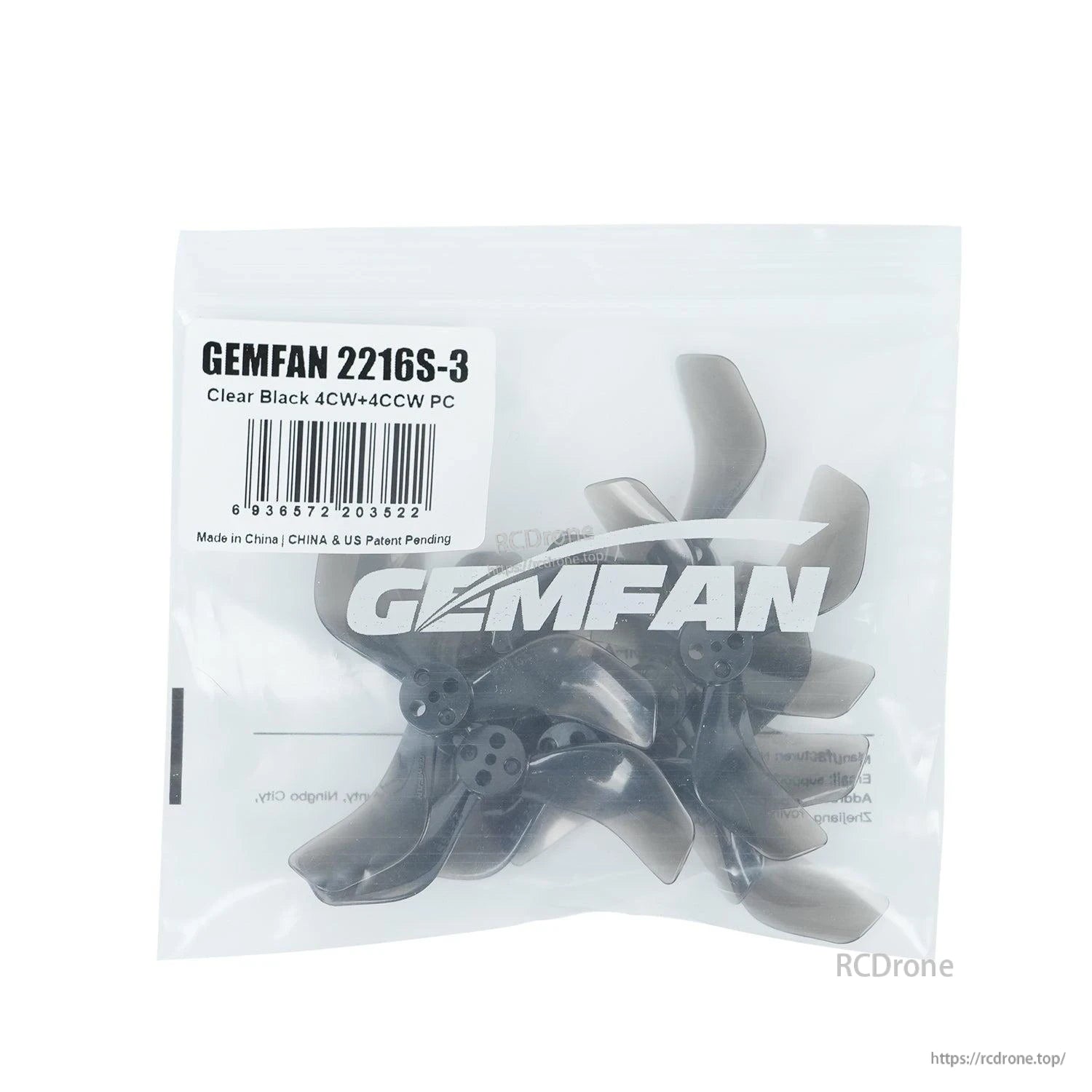 Retail bag of clear black Gemfan 2216S-3 propellers with label: 4CW + 4CCW PC