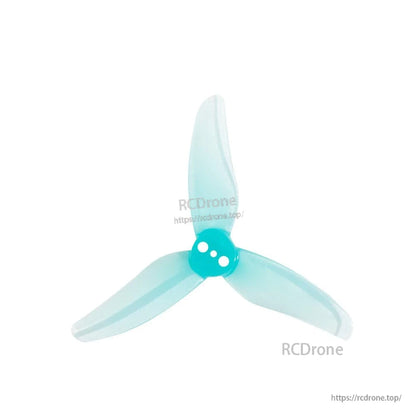 Translucent light blue 3-blade toothpick drone propeller, 3-hole hub close view