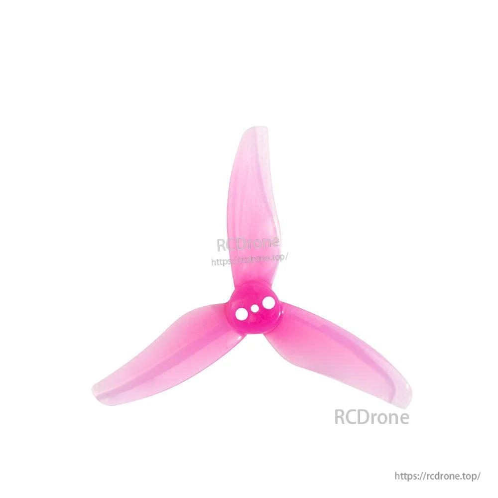 Translucent pink 3-blade toothpick drone propeller with 3-hole mounting hub