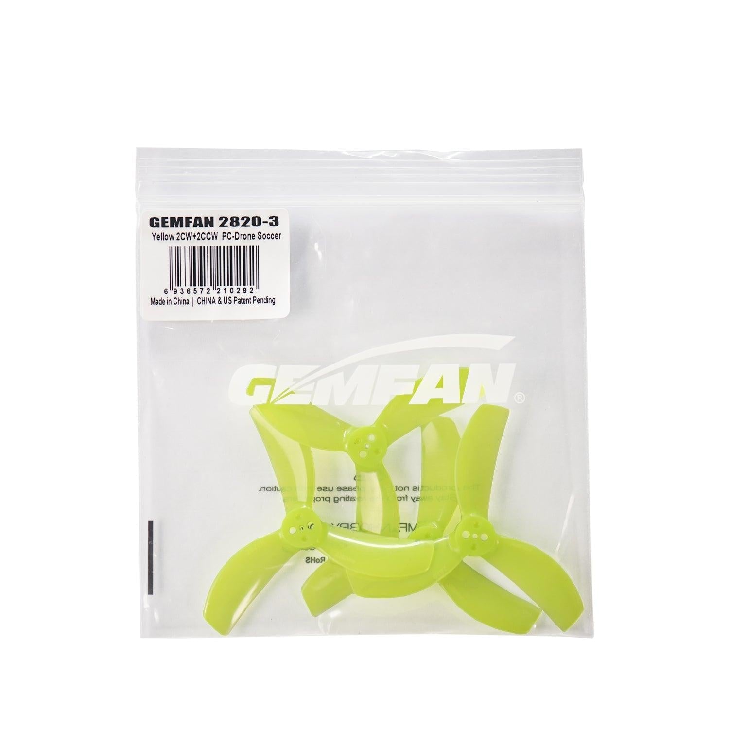 Gemfan 2820-3 propellers in retail zip bag, yellow three-blade props visible through packaging