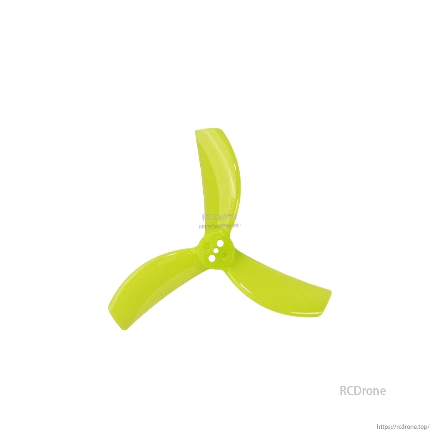 Single Gemfan 2820-3 three-blade propeller in neon yellow, hub mounting holes detail