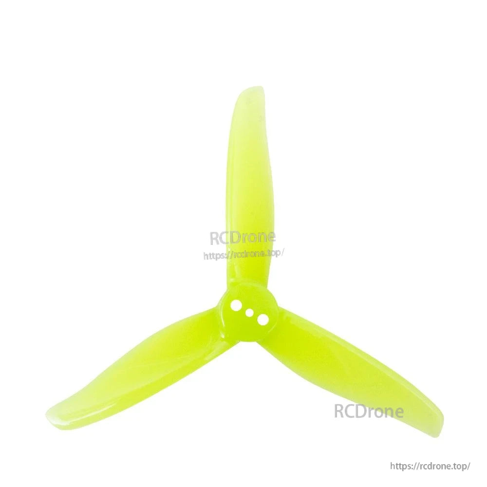 Neon yellow-green 3-blade toothpick propeller, 3-hole mounting hub, top view