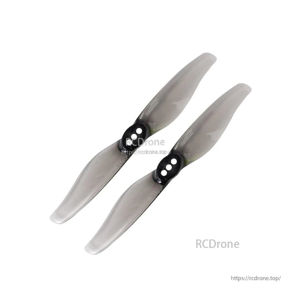 Smoke gray two-blade toothpick propeller pair with black hub and three mounting holes