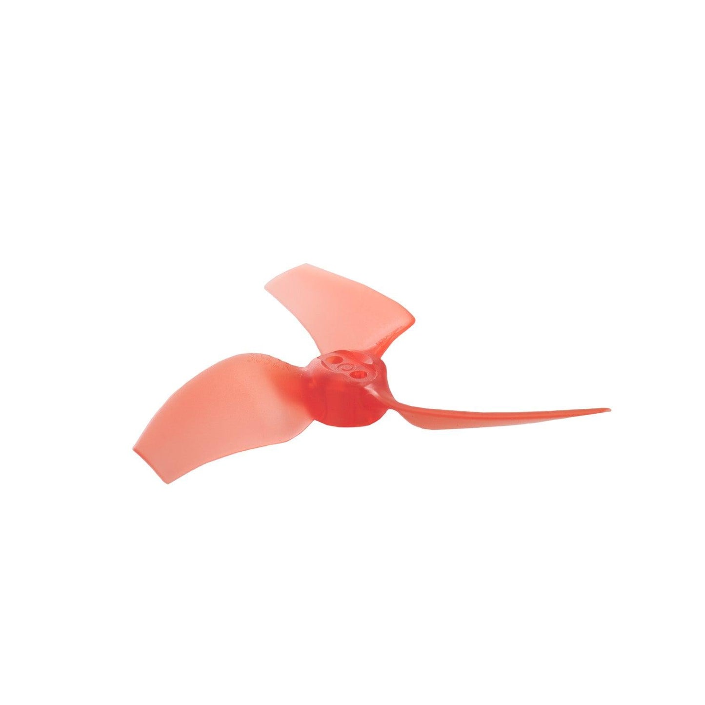 Gemfan 3032-3 tri-blade propeller, tangerine orange, side profile showing blade pitch