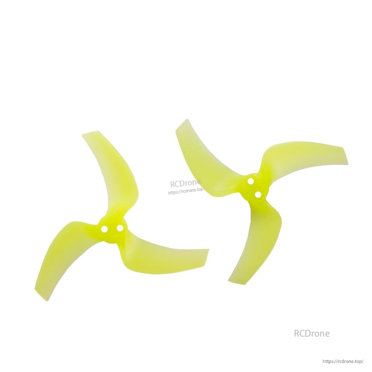 Two neon yellow tri-blade props shown as a pair, top view with dual mounting holes visible