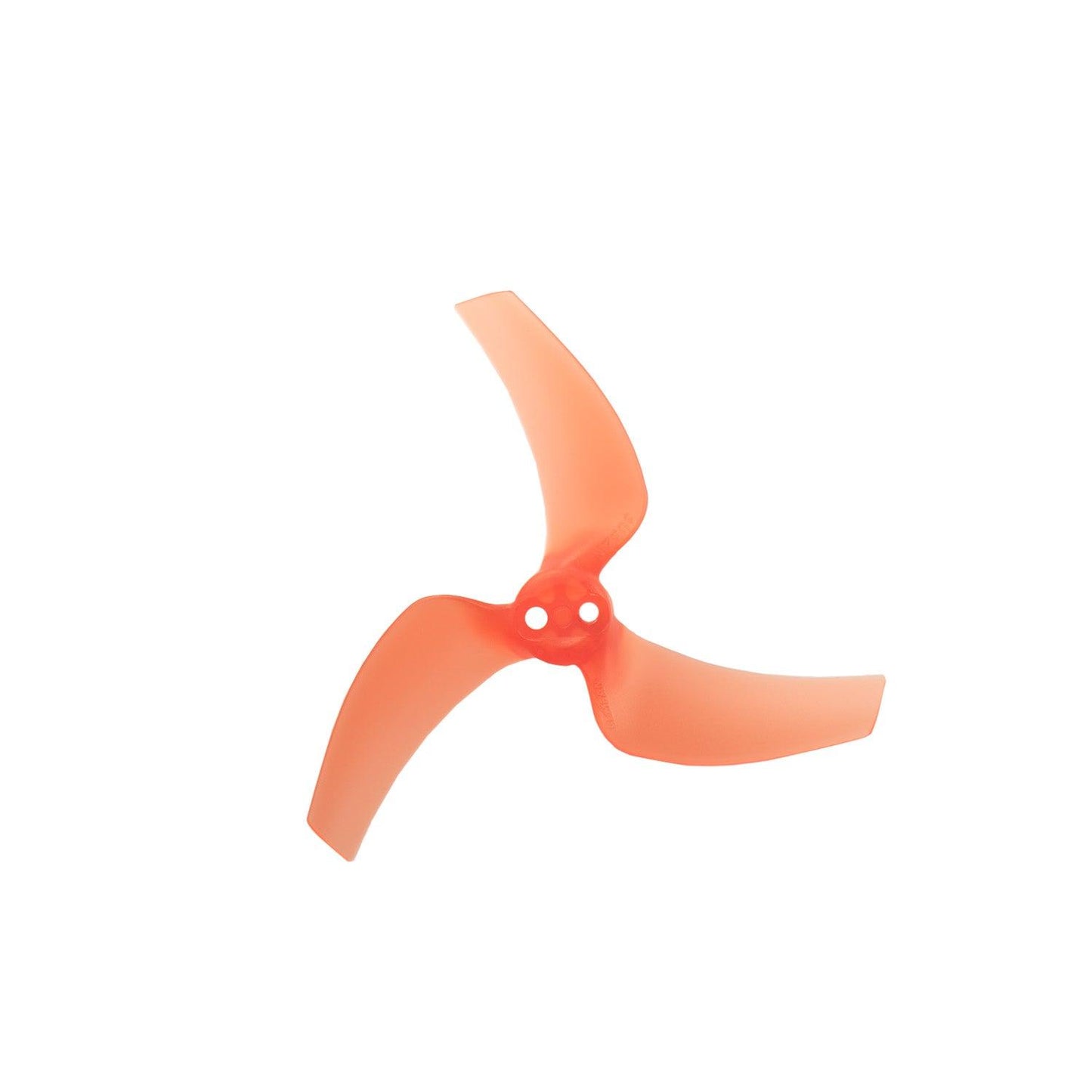Top view of tangerine orange tri-blade drone prop with 2 mm center mounting holes