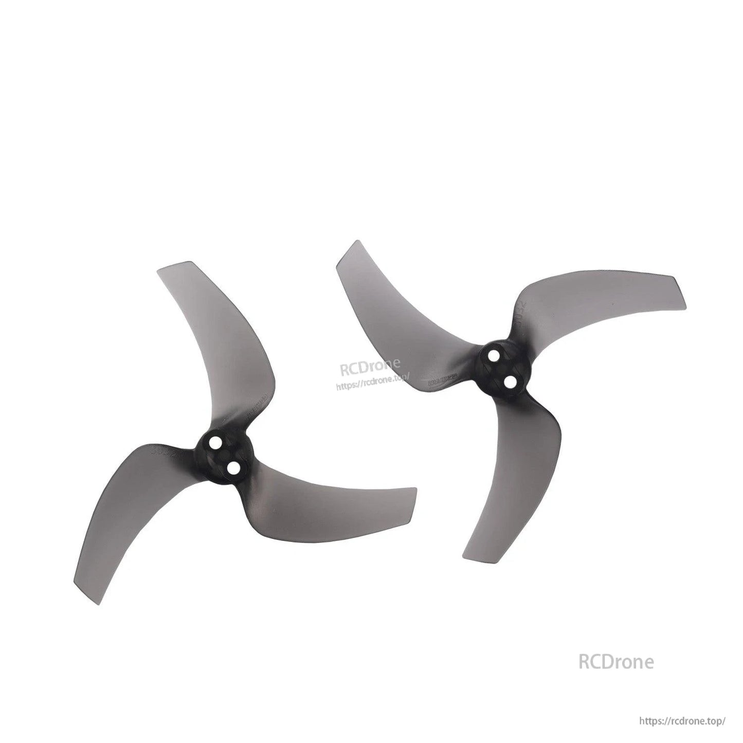 Two clear gray tri-blade propellers displayed as a pair, hub and blade shape detail