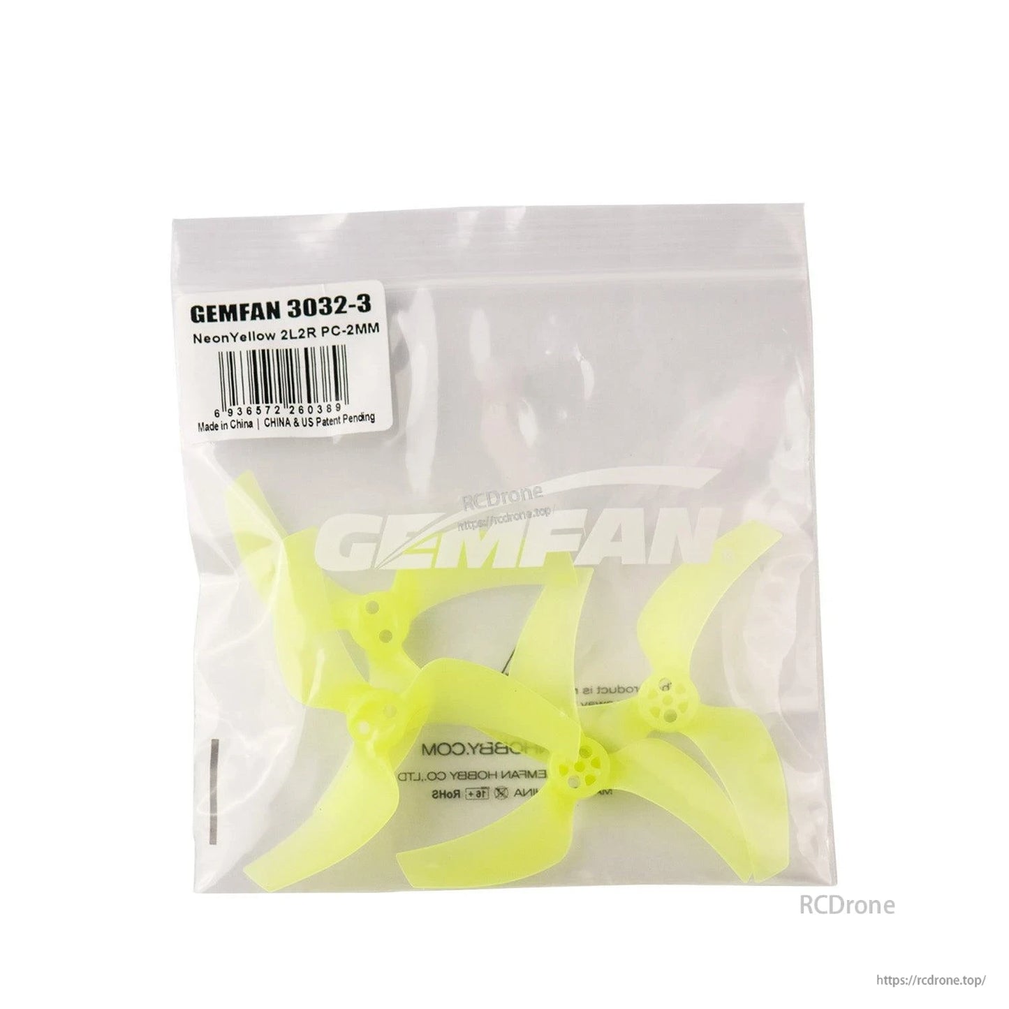 Neon yellow propellers in sealed bag, label shows GEMFAN 3032-3 and 2L2R PC-2MM