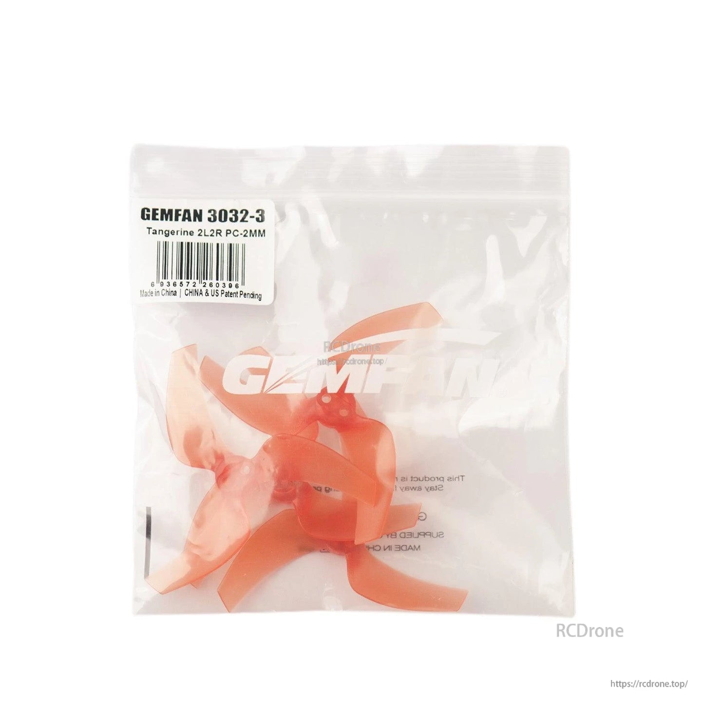Gemfan 3032-3 tangerine orange propellers in retail bag with label showing 2L2R PC-2MM