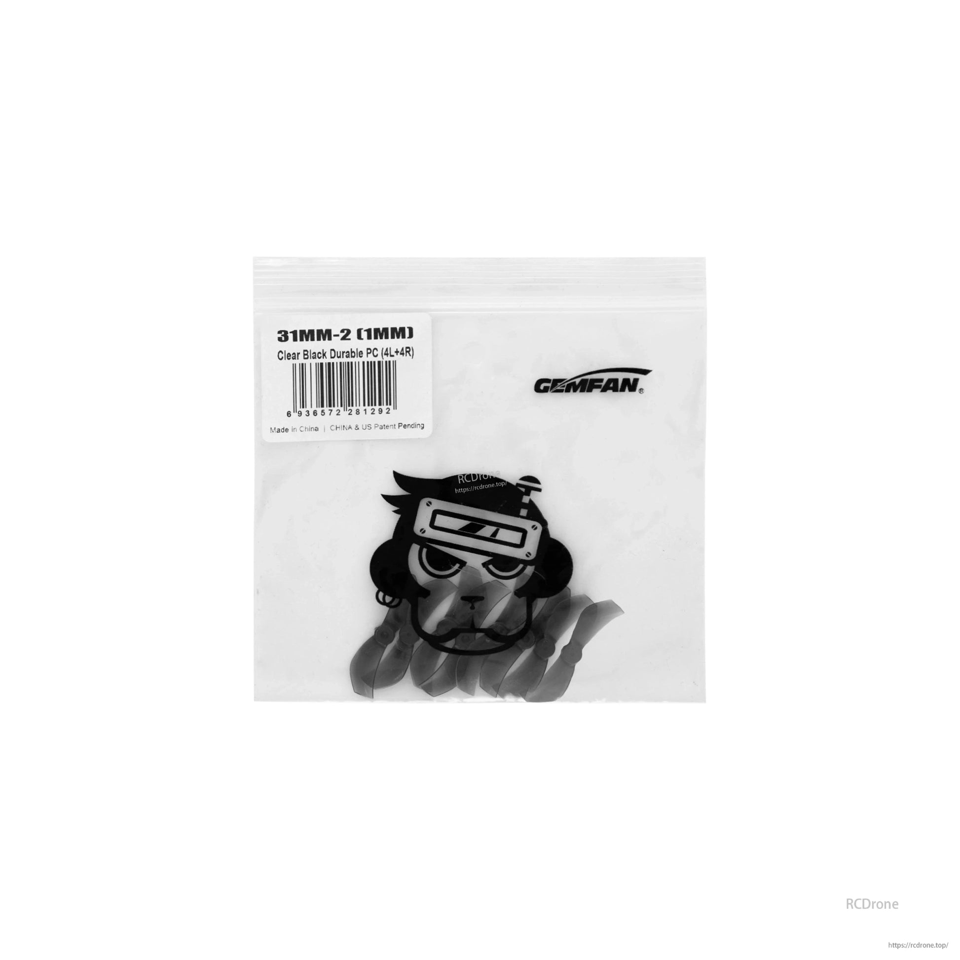 Gemfan propeller packaging label showing 31MM-2 (1MM) Clear Black Durable PC and barcode