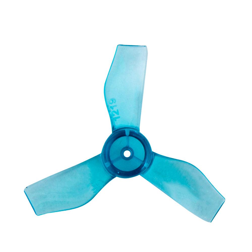 Blue 3-blade micro drone propeller with center mounting hole, top view