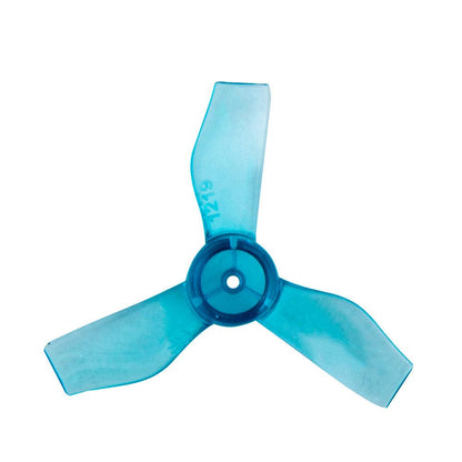 Blue 3-blade micro drone propeller with center mounting hole, top view