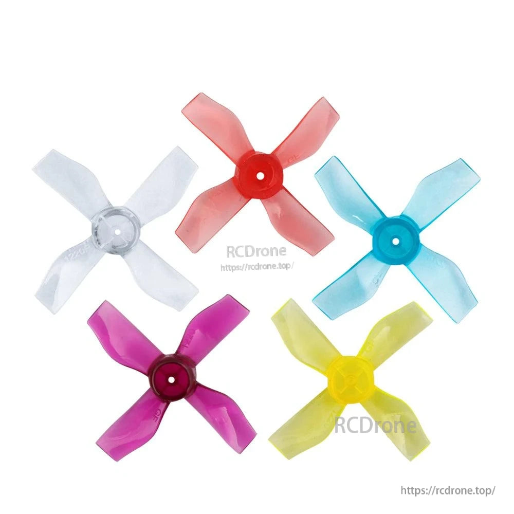 Assorted color 31mm 4-blade propellers shown together (clear, red, blue, purple, yellow)