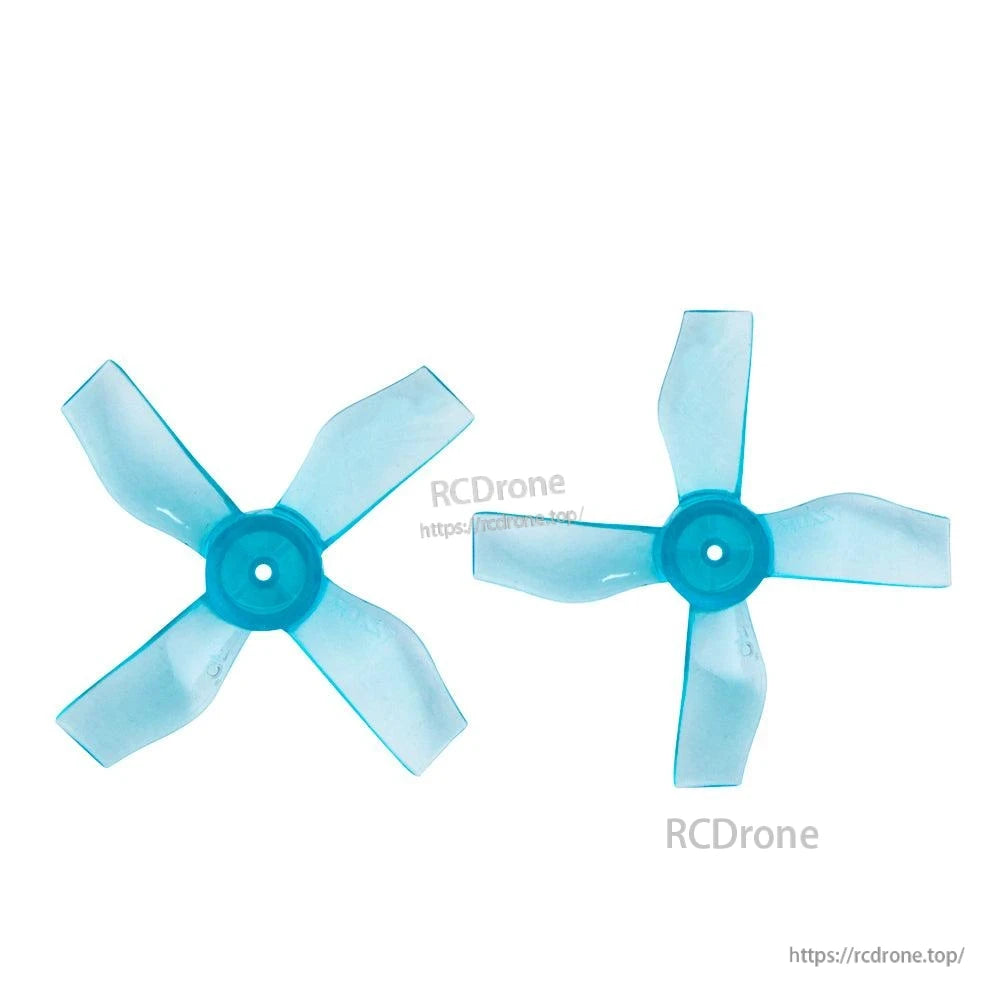 Pair of blue 31mm 4-blade propellers shown as CW and CCW rotation set, top view