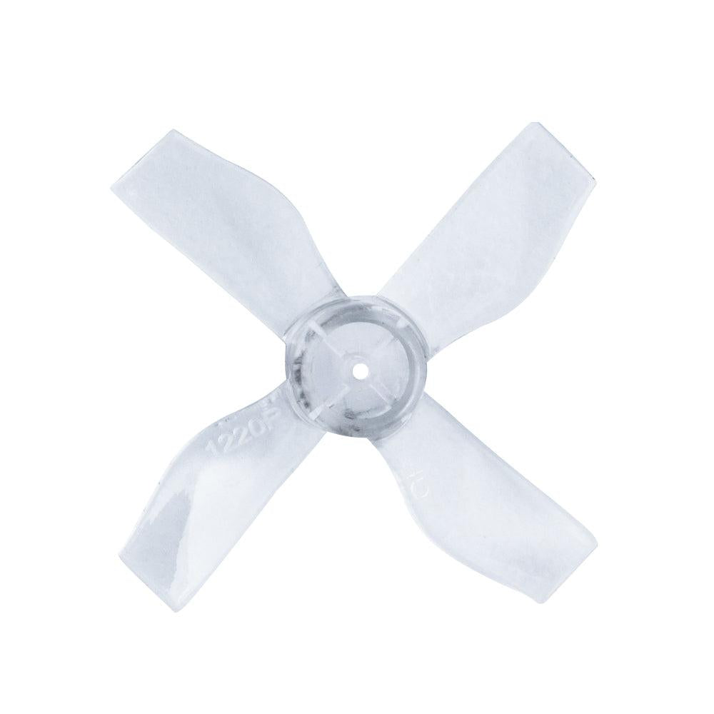 Clear 4-blade micro drone propeller, 31mm diameter, top view showing hub and mounting hole