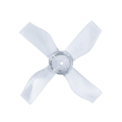 Clear 4-blade micro drone propeller, 31mm diameter, top view showing hub and mounting hole