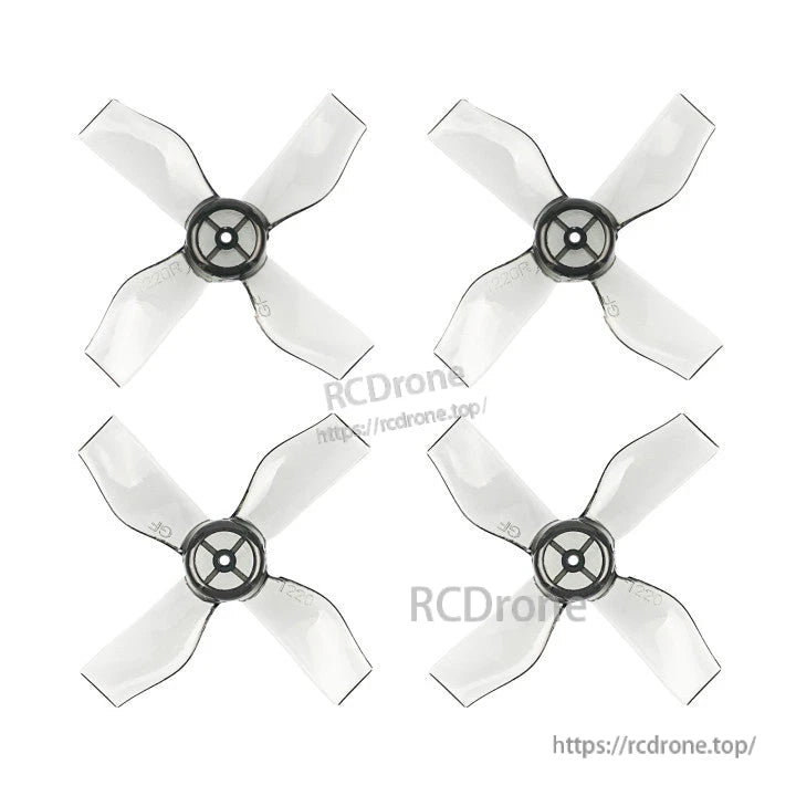 Gemfan 31mm 4-blade micro whoop propellers in clear/gray with black hubs, 4-piece set