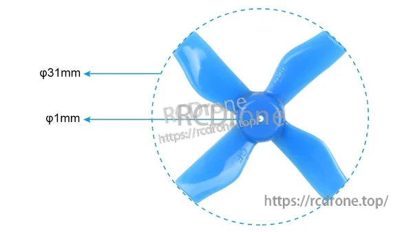 Gemfan 31mm 4-blade micro whoop propeller in blue, 31mm diameter with 1.0mm center shaft hole
