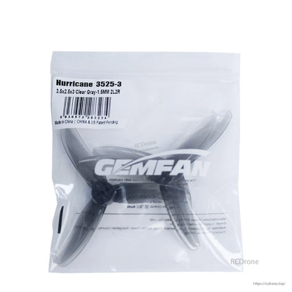 Gemfan Hurricane 3525-3 clear gray propellers in bag with barcode label, 3.5x2.5x3 spec