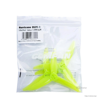Gemfan Hurricane 3525-3 yellow propellers in retail bag, label shows 3.5x2.5x3 and 1.6mm