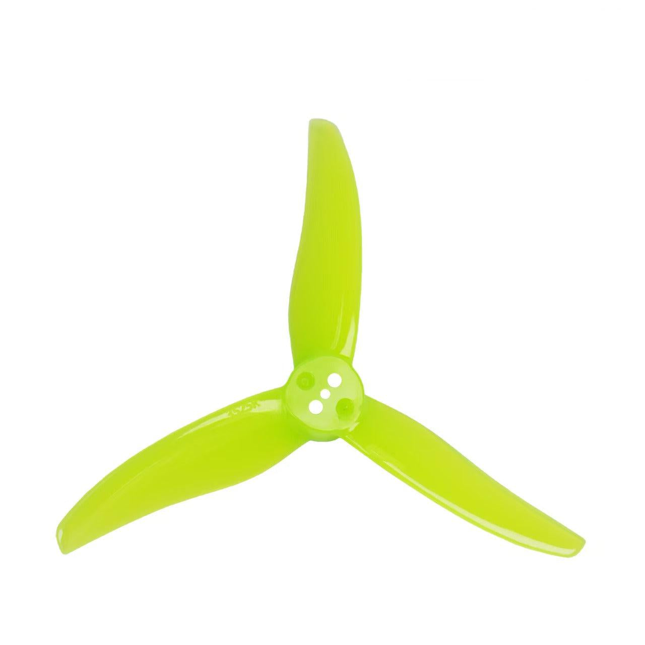Neon yellow 3-blade drone propeller with three mounting holes, top view