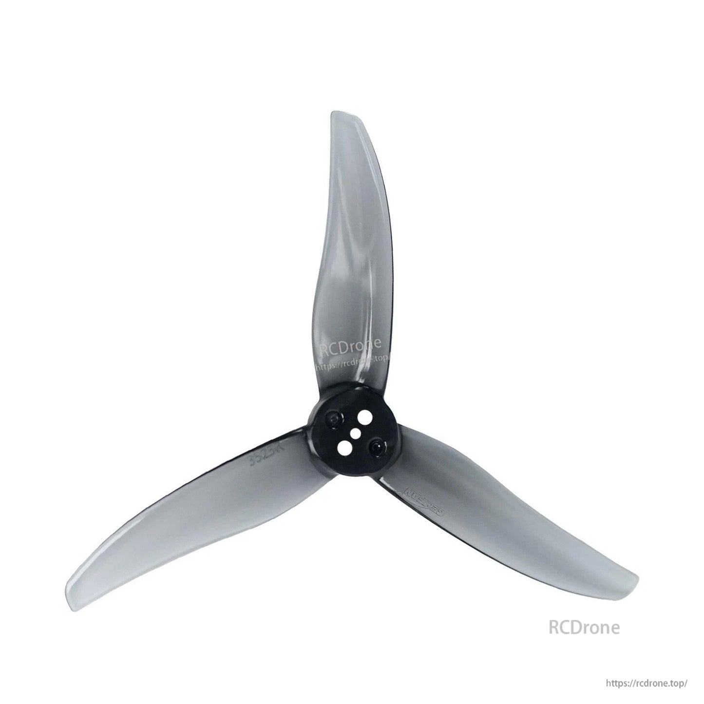 Clear gray 3-blade propeller close-up showing hub and blade shape, three-hole mount
