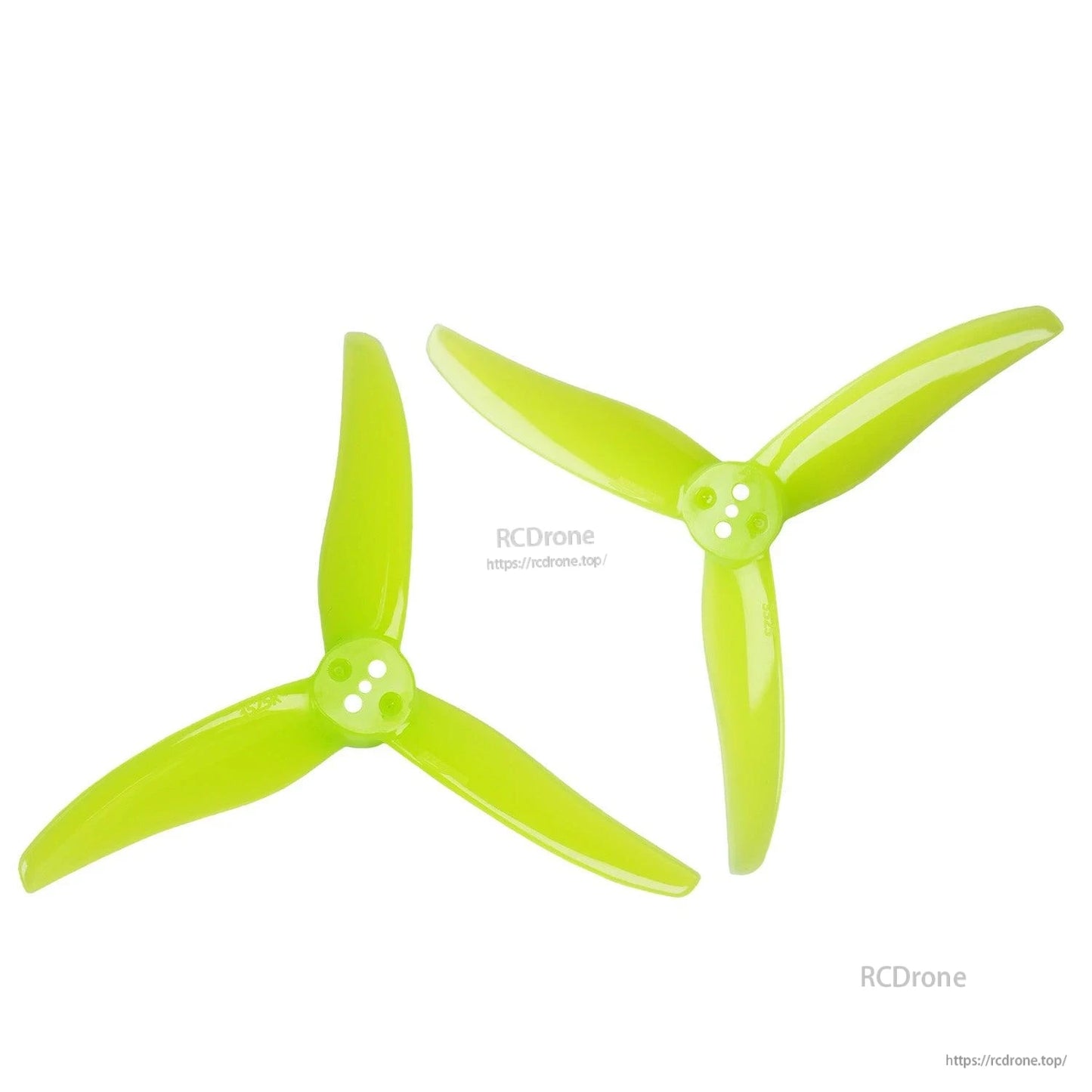 Pair of neon yellow tri-blade propellers, matching set shown side by side
