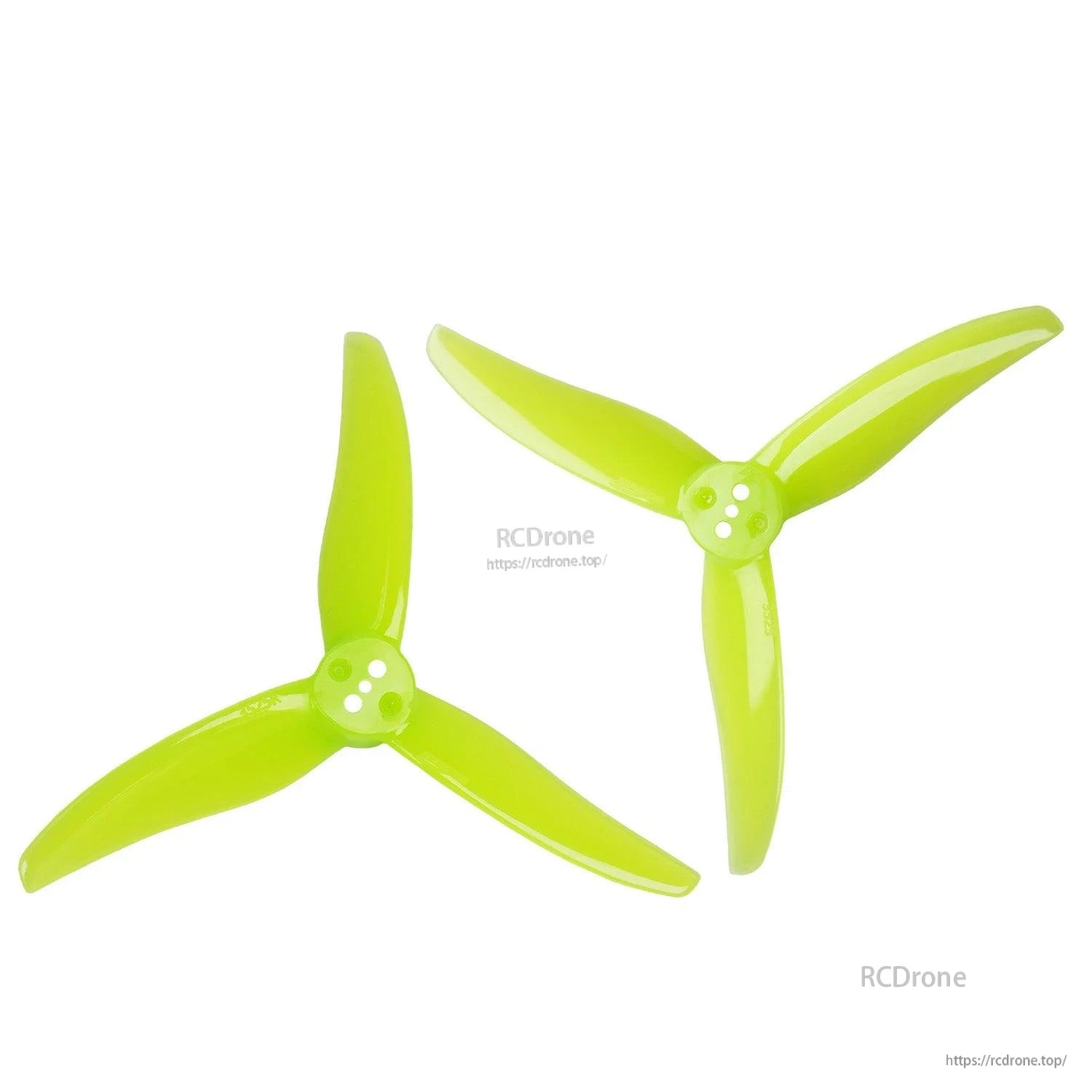 Pair of neon yellow tri-blade propellers, matching set shown side by side