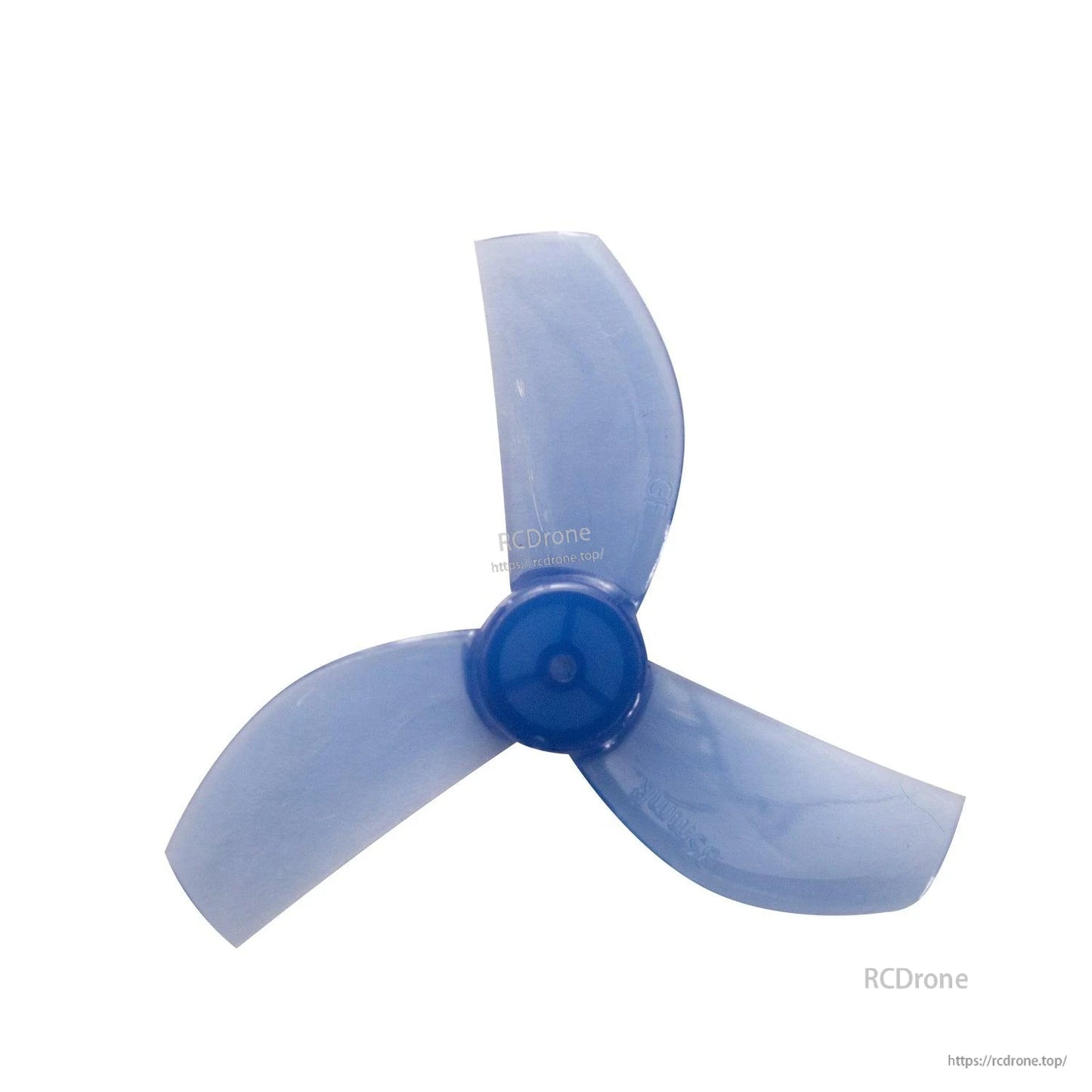 Translucent blue 3-blade propeller, top view showing curved blades and center hub