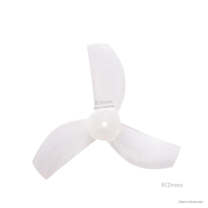 Translucent white 3-blade micro drone propeller, top view with center mounting hole