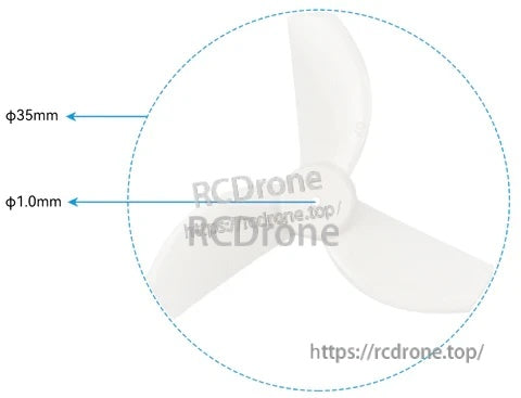 Gemfan 35mm 3-Blade Whoop Drone Propeller close-up with 35mm diameter and 1.0mm shaft hole callouts